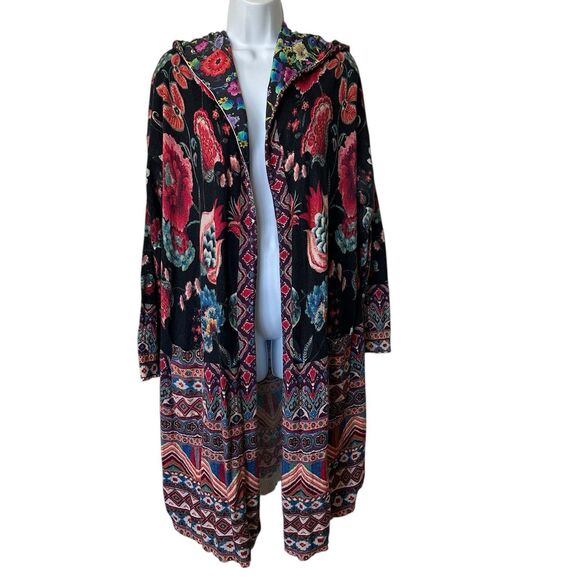Johnny Was Sweaters - Johnny Was Floral Multicolor Patterned Long Sleeve Hooded Cardigan Sweater M